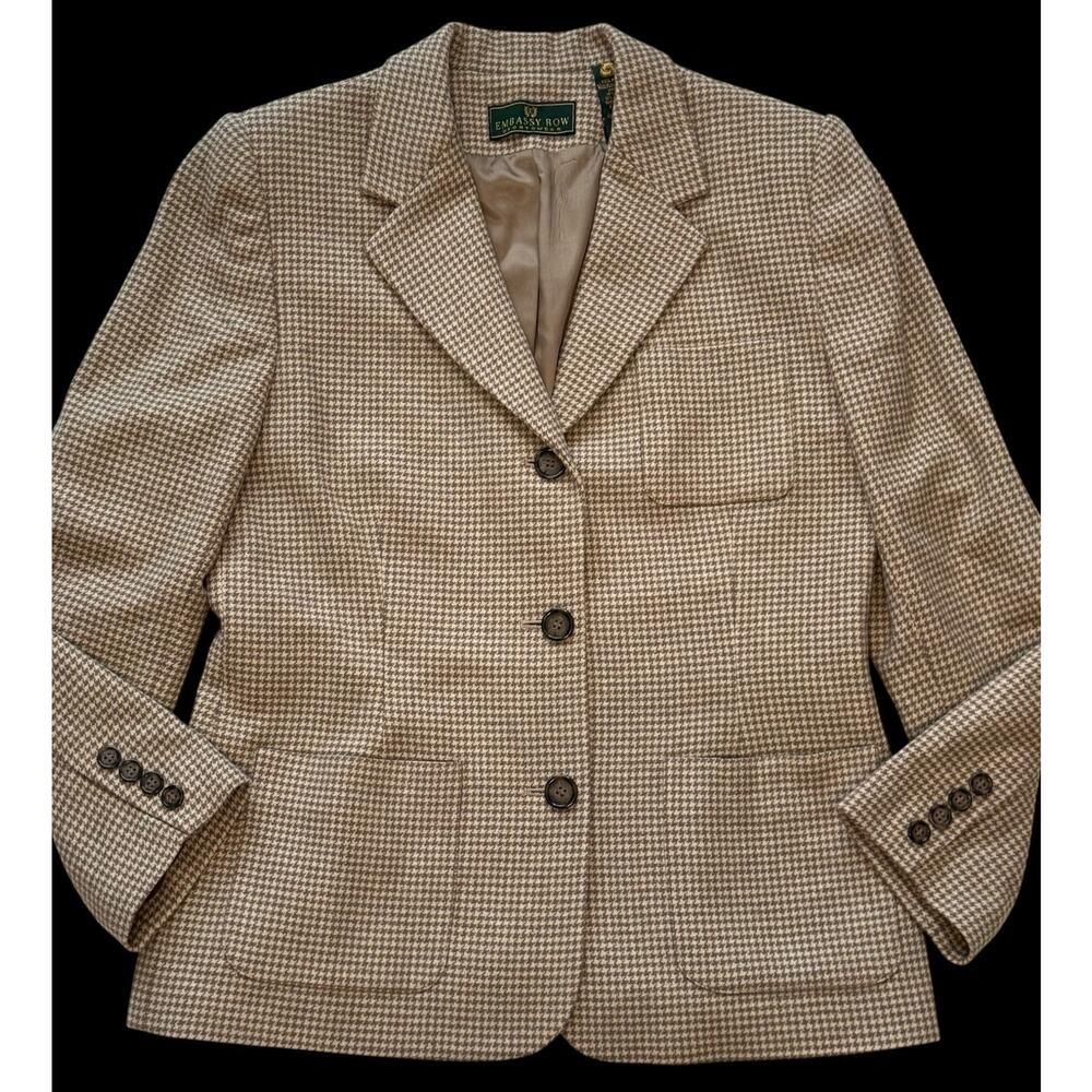 Vintage Embassy Row Blazer Jacket Womens 8 Tan Houndstooth Plaid Wool Angora